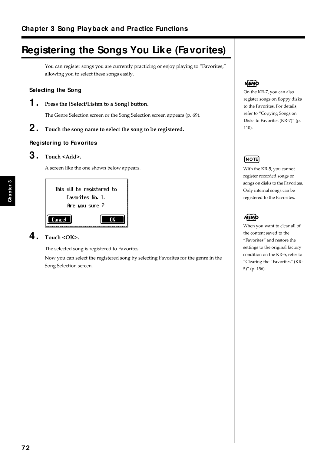 Roland KR7/5 Registering the Songs You Like Favorites, Touch the song name to select the song to be registered, Touch Add 