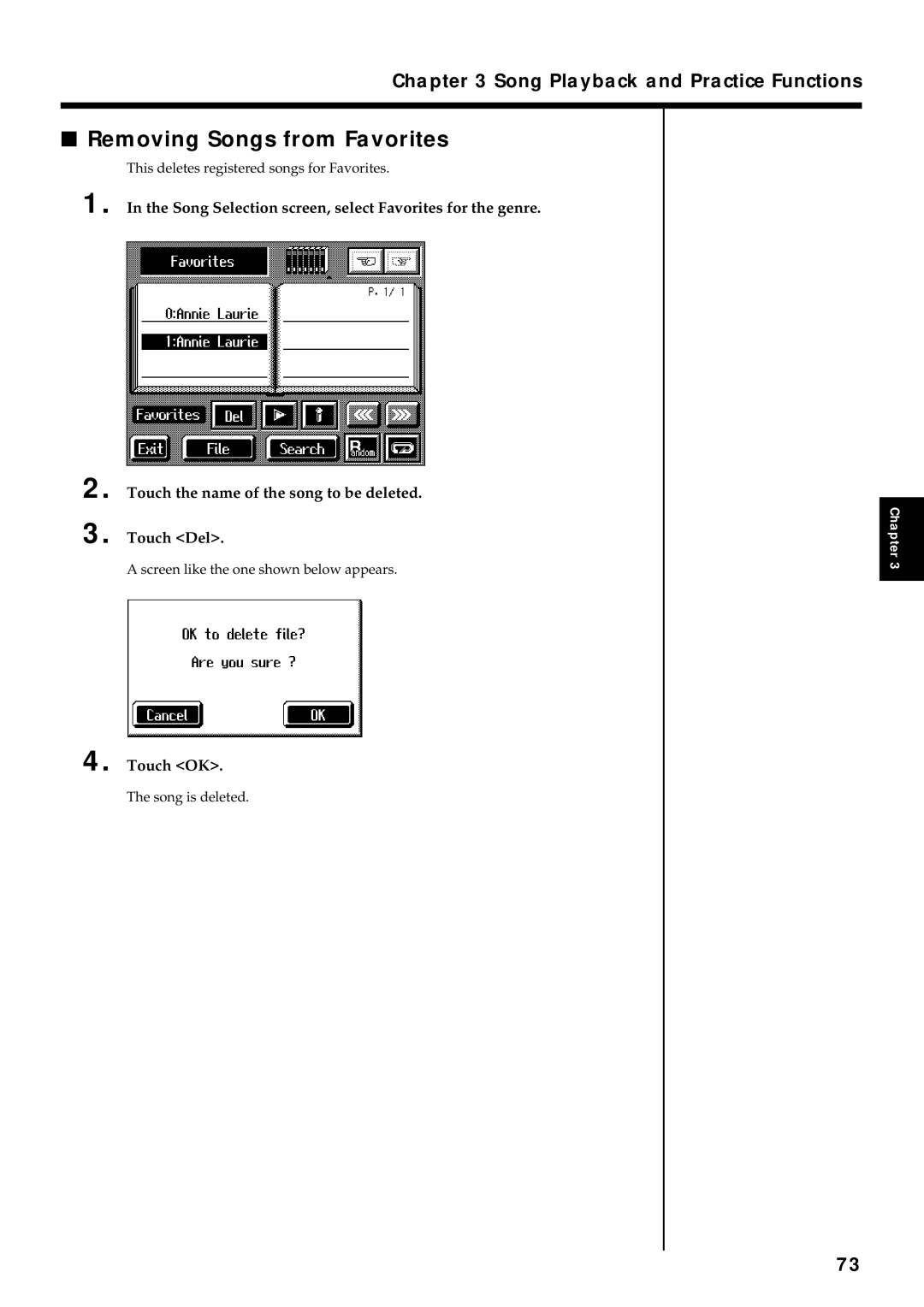 Roland KR7/5 owner manual Removing Songs from Favorites, Song Selection screen, select Favorites for the genre 