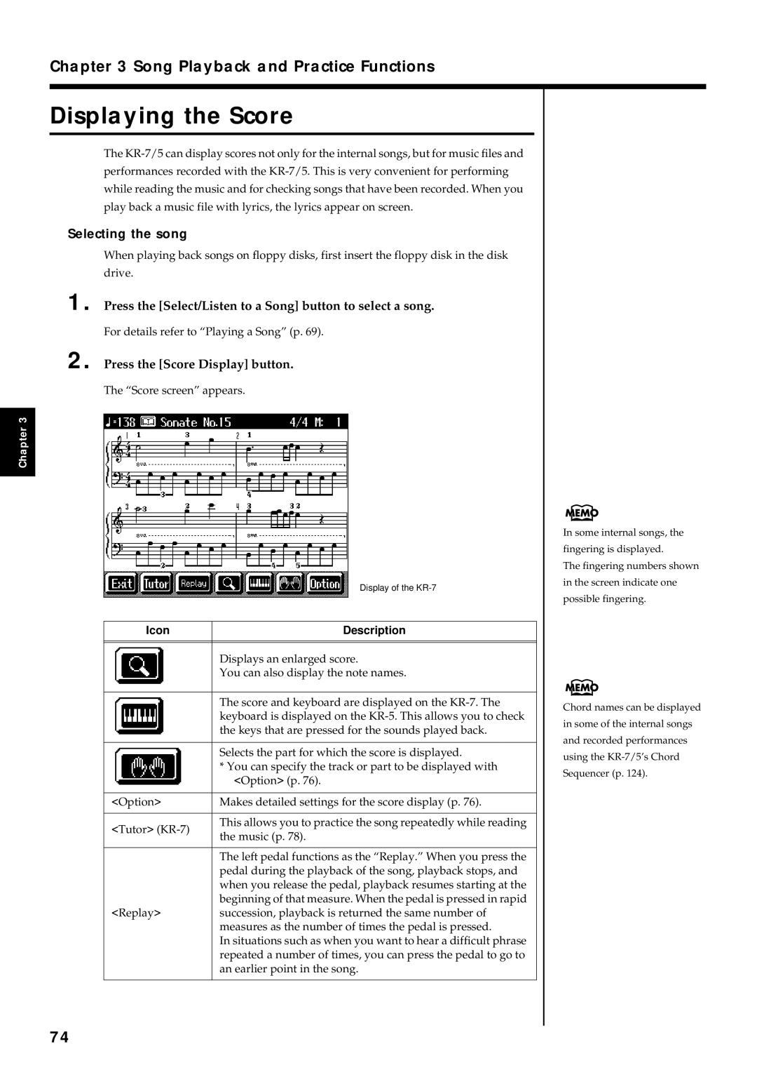 Roland KR7/5 owner manual Displaying the Score, Press the Select/Listen to a Song button to select a song, Icon Description 