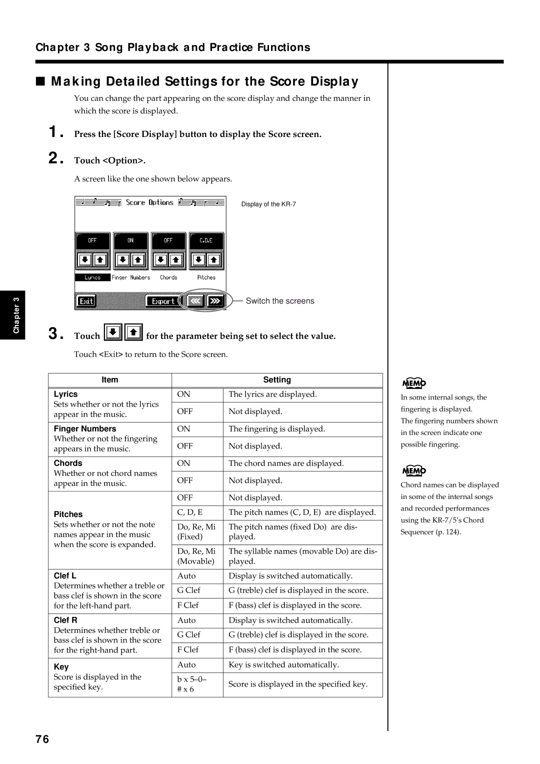 Roland KR7/5 Making Detailed Settings for the Score Display, Touch for the parameter being set to select the value 