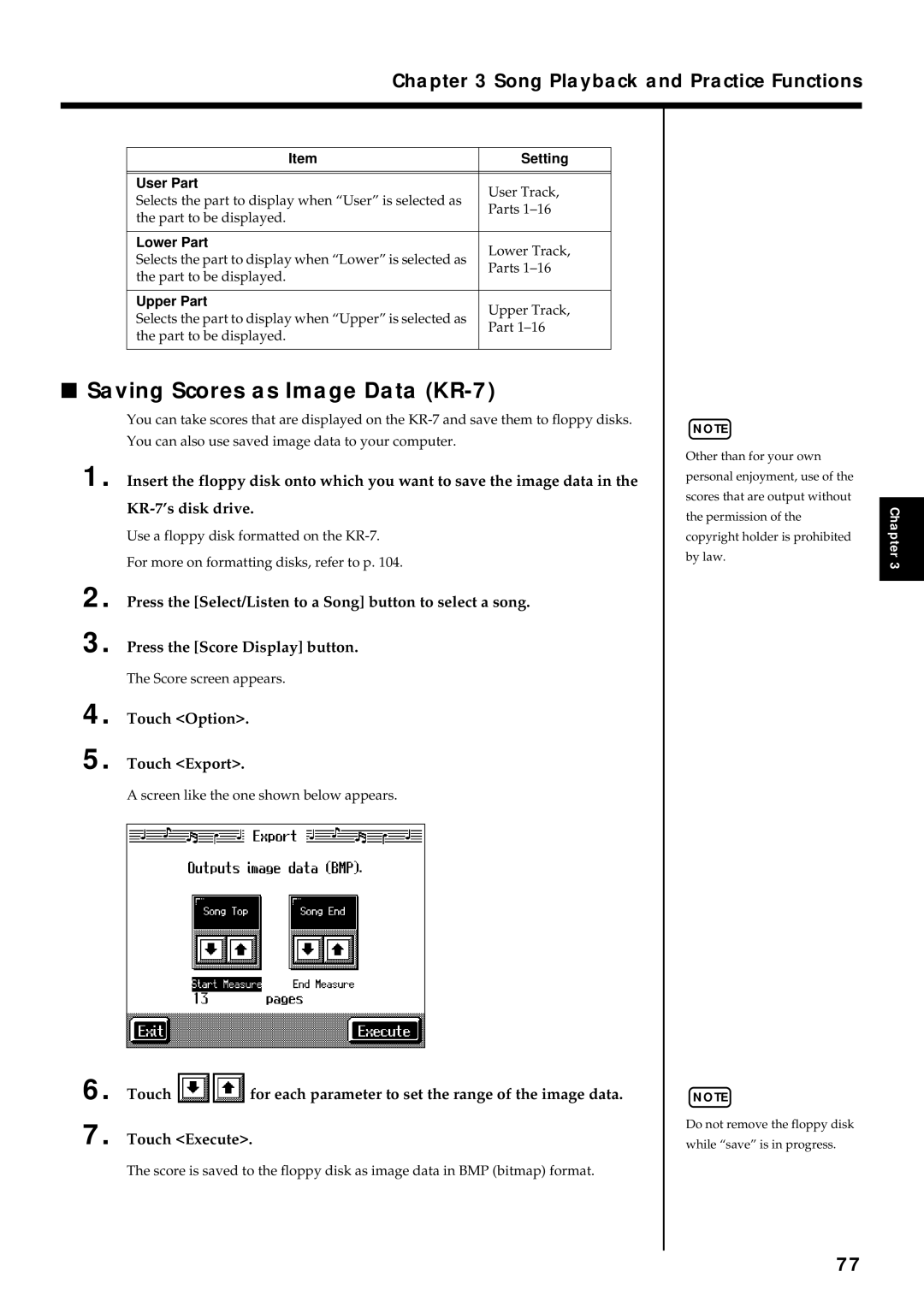 Roland KR7/5 owner manual Saving Scores as Image Data KR-7, Touch Option Touch Export, User Part, Lower Part, Upper Part 