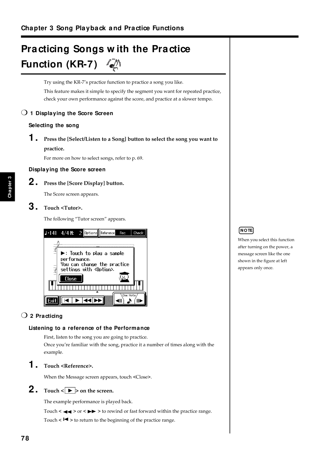 Roland KR7/5 owner manual Practicing Songs with the Practice Function KR-7, Displaying the Score Screen Selecting the song 