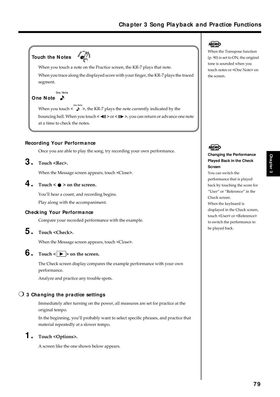 Roland KR7/5 owner manual Touch the Notes, One Note, Recording Your Performance, Checking Your Performance 