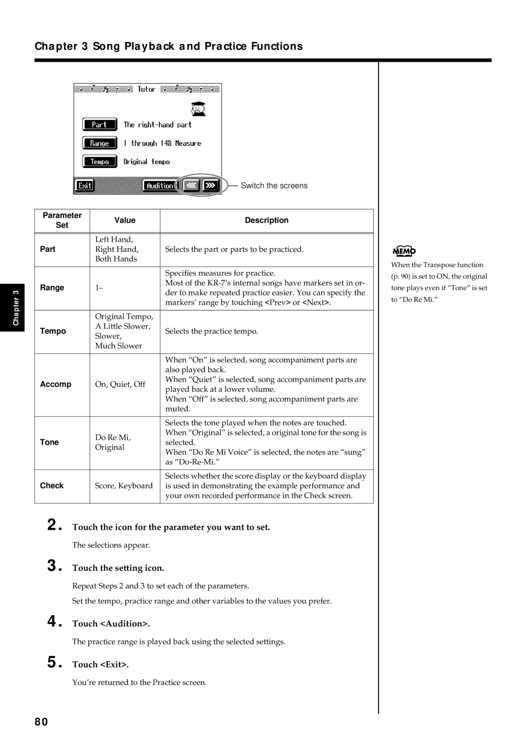 Roland KR7/5 owner manual Touch the icon for the parameter you want to set, Touch the setting icon, Touch Audition 