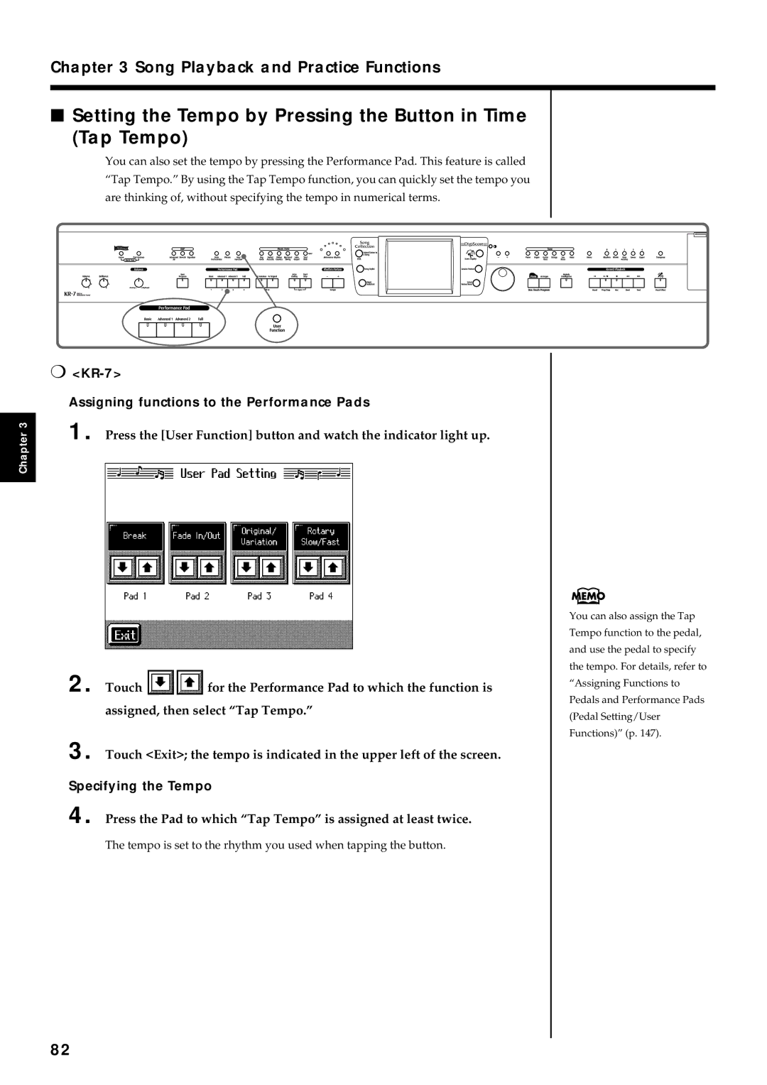 Roland KR7/5 Setting the Tempo by Pressing the Button in Time Tap Tempo, KR-7 Assigning functions to the Performance Pads 