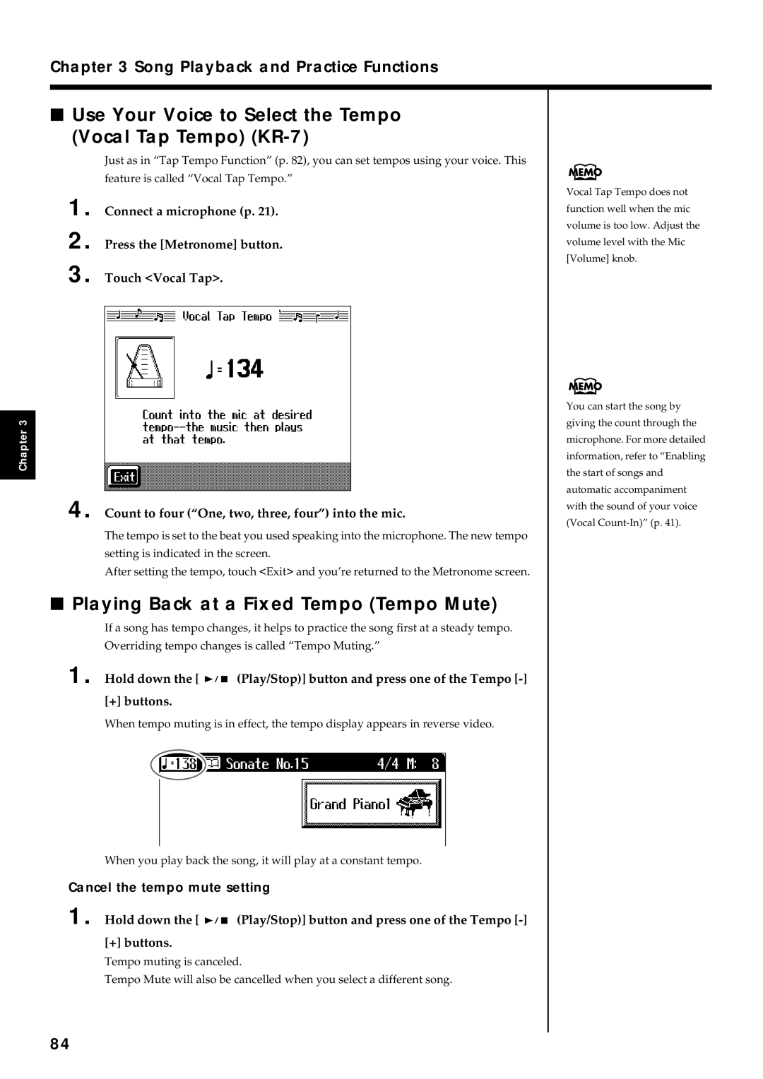 Roland KR7/5 owner manual Use Your Voice to Select the Tempo Vocal Tap Tempo KR-7, Playing Back at a Fixed Tempo Tempo Mute 