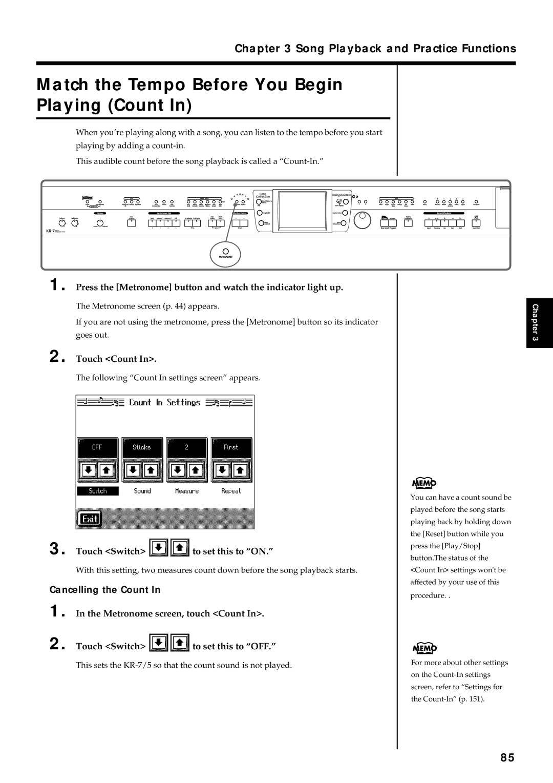 Roland KR7/5 owner manual Match the Tempo Before You Begin Playing Count, Touch Count, Cancelling the Count 