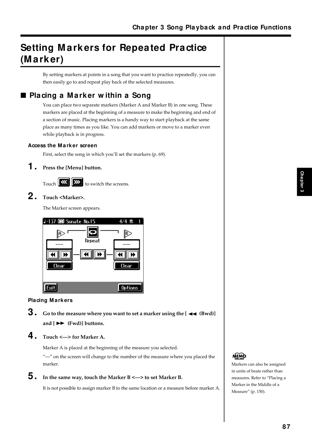 Roland KR7/5 Setting Markers for Repeated Practice Marker, Placing a Marker within a Song, Access the Marker screen 