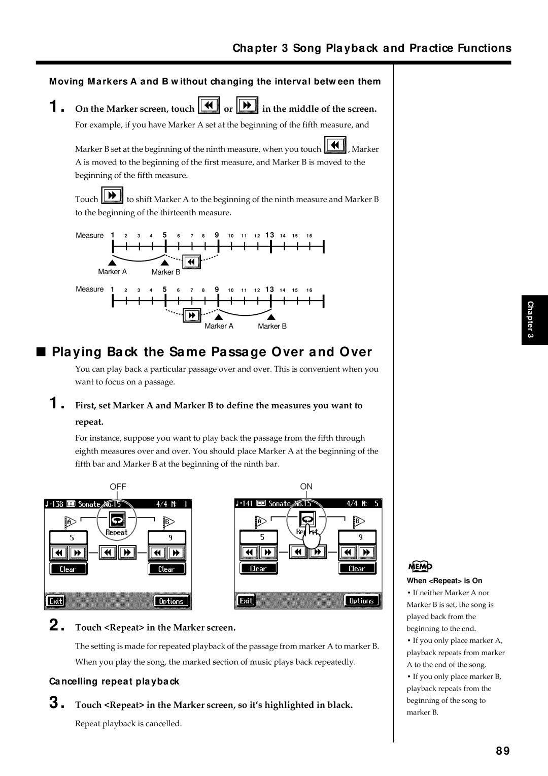 Roland KR7/5 Playing Back the Same Passage Over and Over, On the Marker screen, touch or in the middle of the screen 