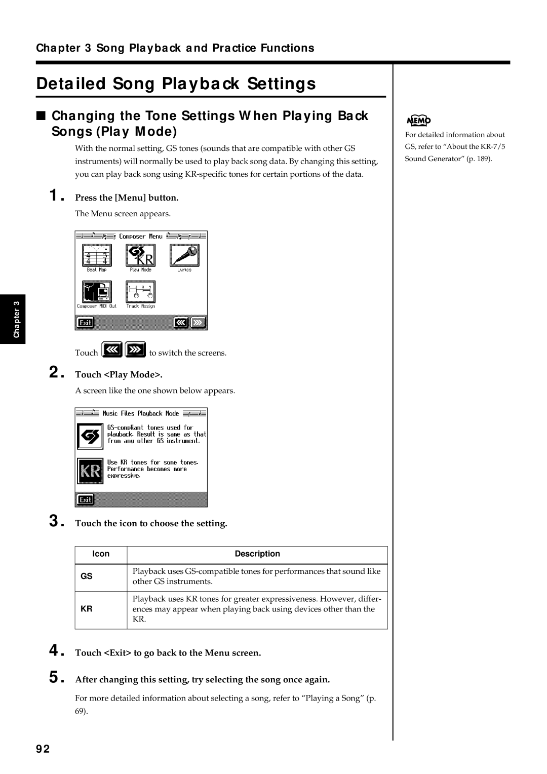 Roland KR7/5 owner manual Detailed Song Playback Settings, Touch Play Mode, Touch the icon to choose the setting 