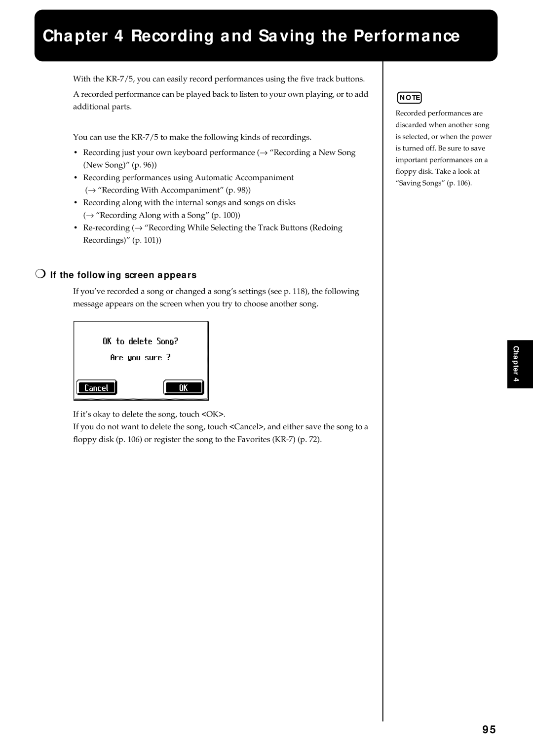 Roland KR7/5 owner manual Recording and Saving the Performance, If the following screen appears 