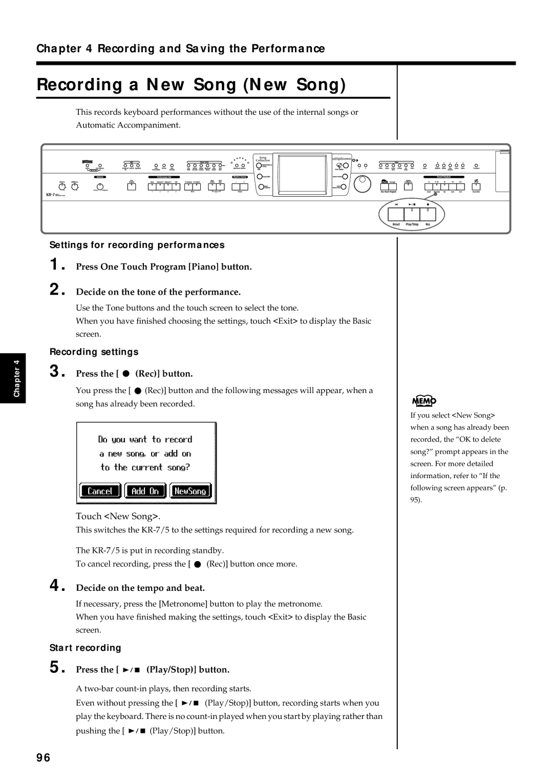 Roland KR7/5 Recording a New Song New Song, Recording and Saving the Performance, Settings for recording performances 