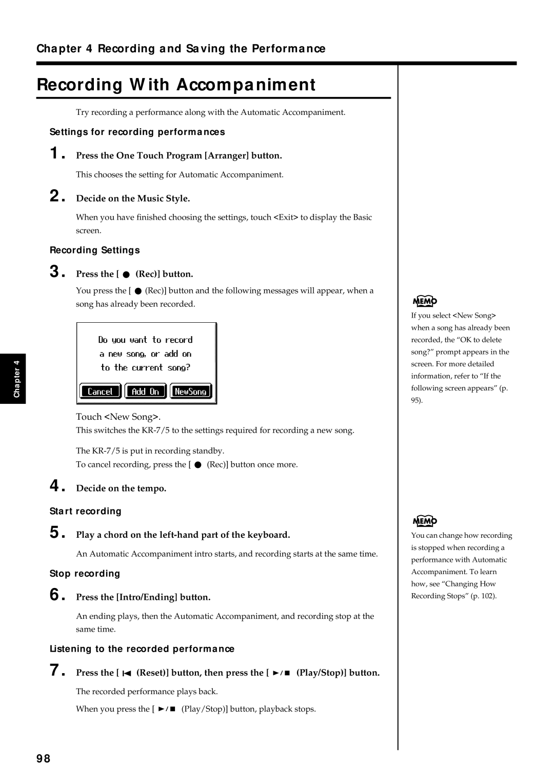 Roland KR7/5 owner manual Recording With Accompaniment, Decide on the Music Style, Decide on the tempo 