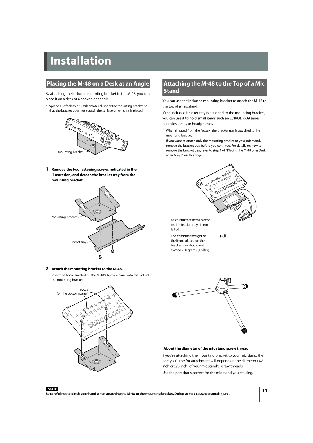 Roland owner manual Installation, Placing the M-48 on a Desk at an Angle, Attaching the M-48 to the Top of a Mic Stand 