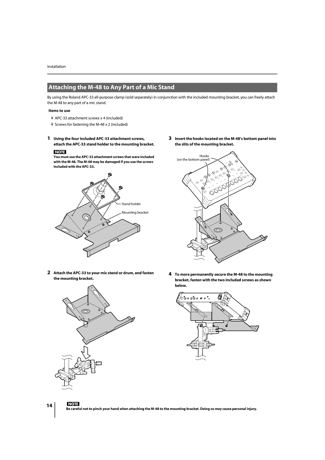 Roland Attaching the M-48 to Any Part of a Mic Stand, Attach the APC-33 to your mic stand or drum, and fasten, Below 