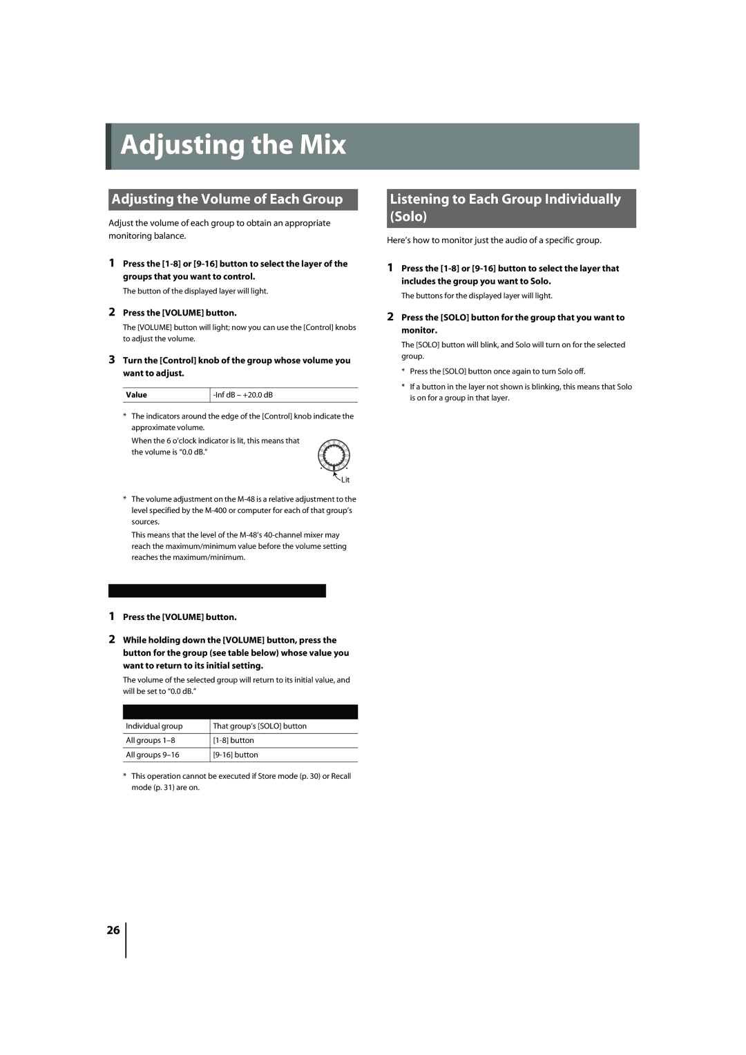 Roland M-48 owner manual Adjusting the Mix, Adjusting the Volume of Each Group, Listening to Each Group Individually Solo 