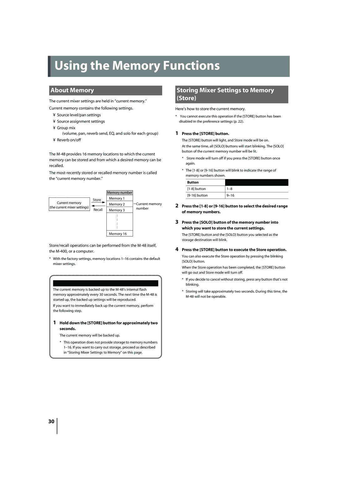 Roland M-48 owner manual Using the Memory Functions, About Memory, Storing Mixer Settings to Memory Store 