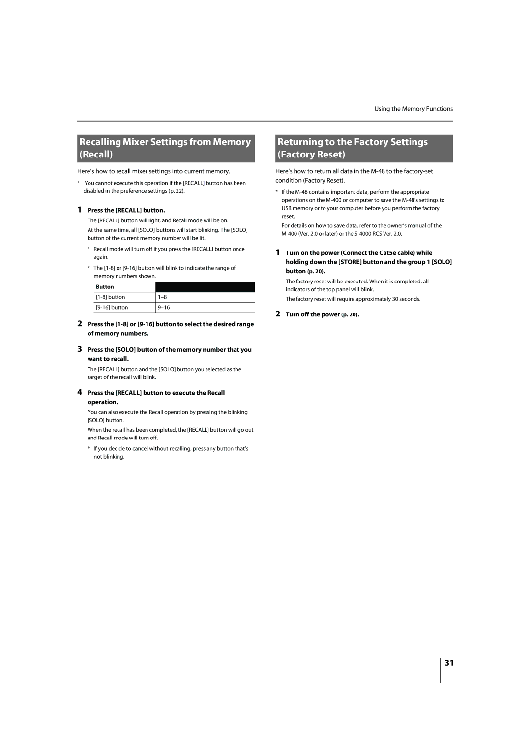 Roland M-48 owner manual Recalling Mixer Settings from Memory Recall, Returning to the Factory Settings Factory Reset 