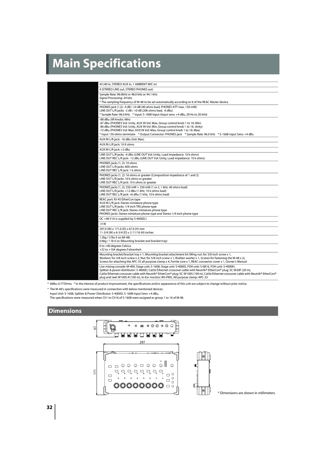 Roland M-48 owner manual Main Specifications, Dimensions 