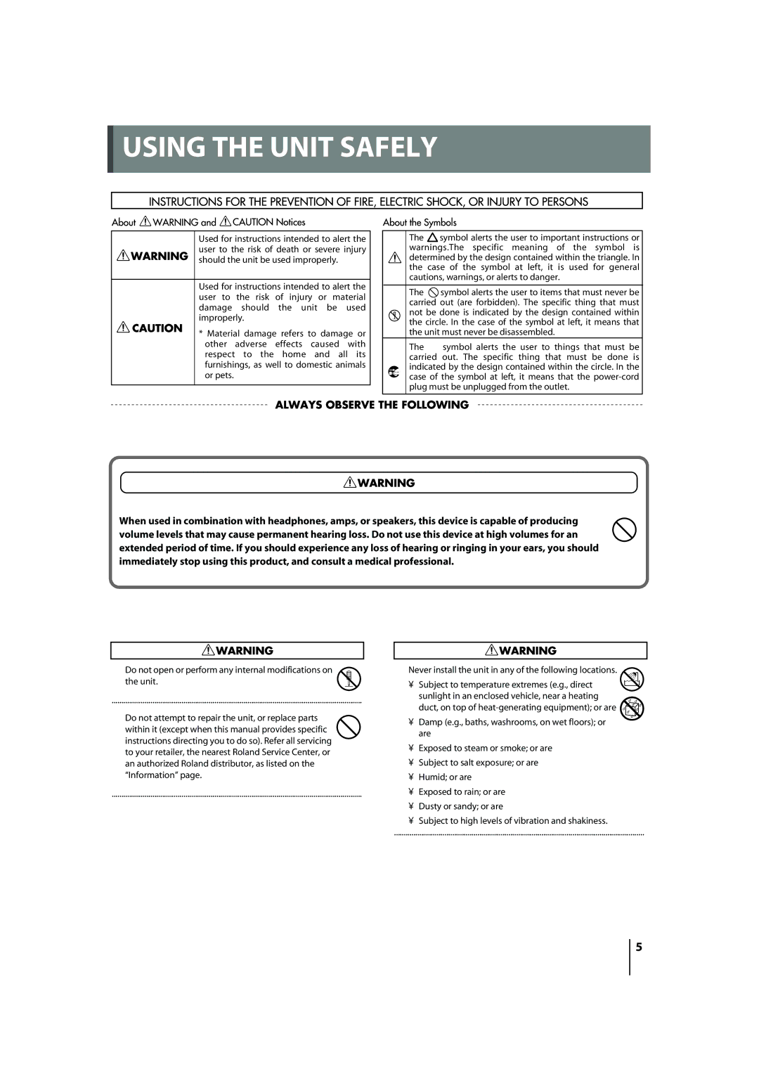 Roland M-48 owner manual Do not open or perform any internal modifications on Unit 