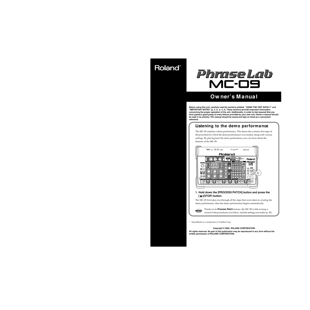 Roland MC-09 owner manual Listening to the demo performance 