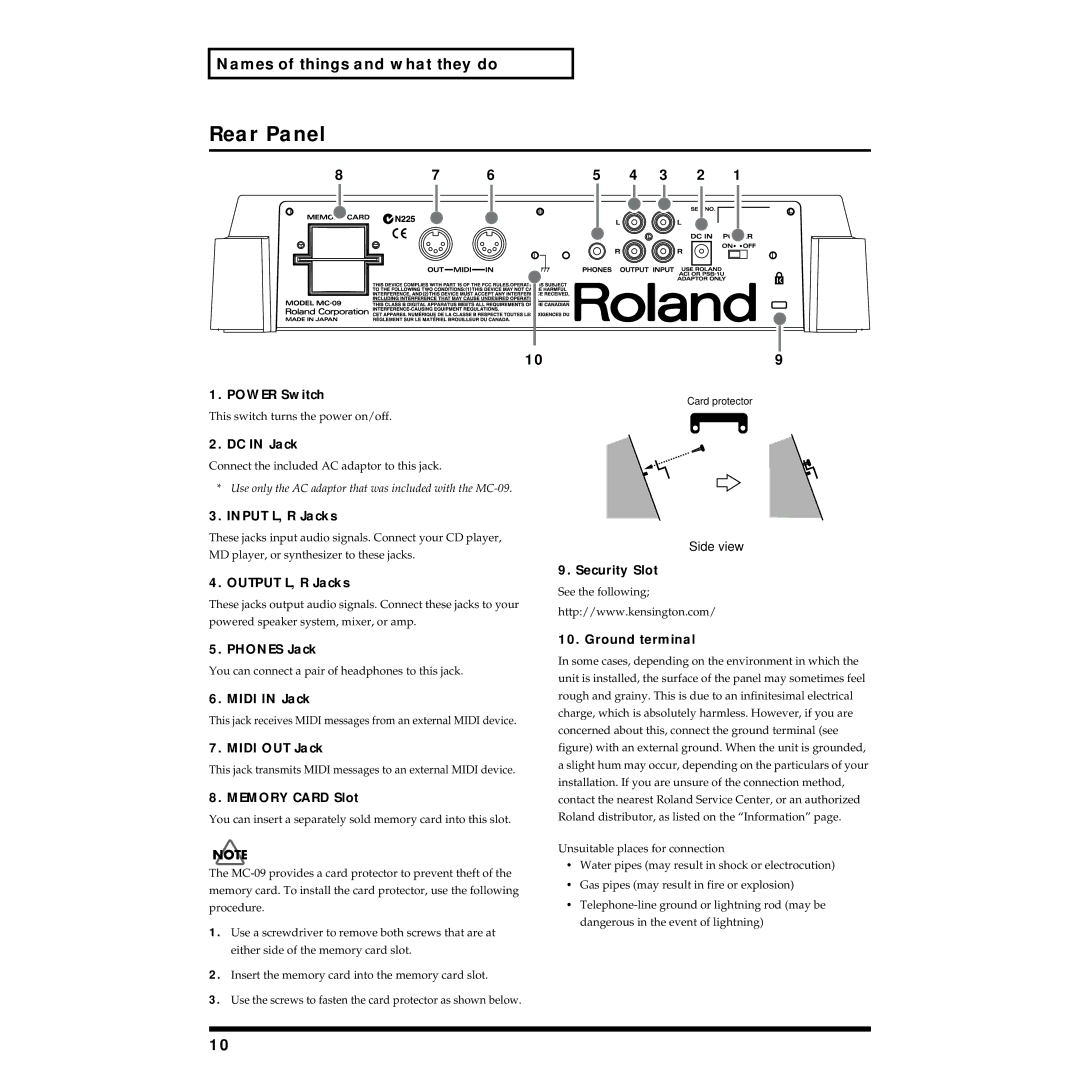 Roland MC-09 owner manual Rear Panel, DC in Jack 