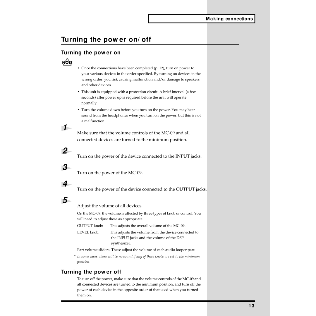 Roland MC-09 owner manual Turning the power on/off, Turning the power off 