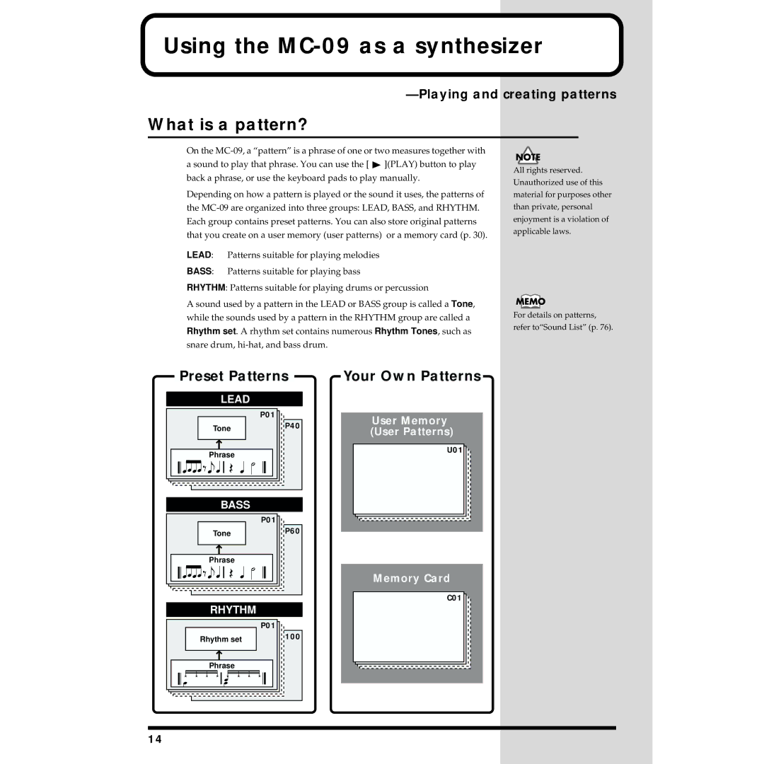 Roland owner manual Using the MC-09 as a synthesizer, What is a pattern?, Playing and creating patterns 