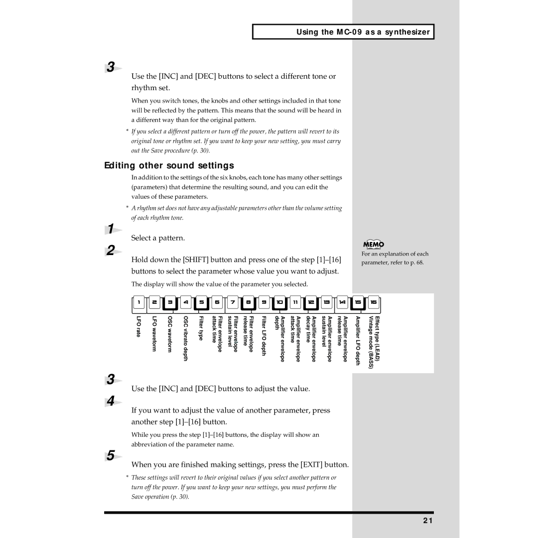 Roland MC-09 owner manual Editing other sound settings, When you are finished making settings, press the Exit button 