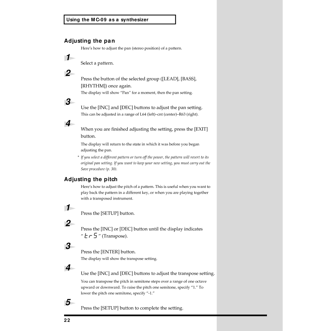 Roland MC-09 owner manual Adjusting the pan, Adjusting the pitch, Use the INC and DEC buttons to adjust the pan setting 