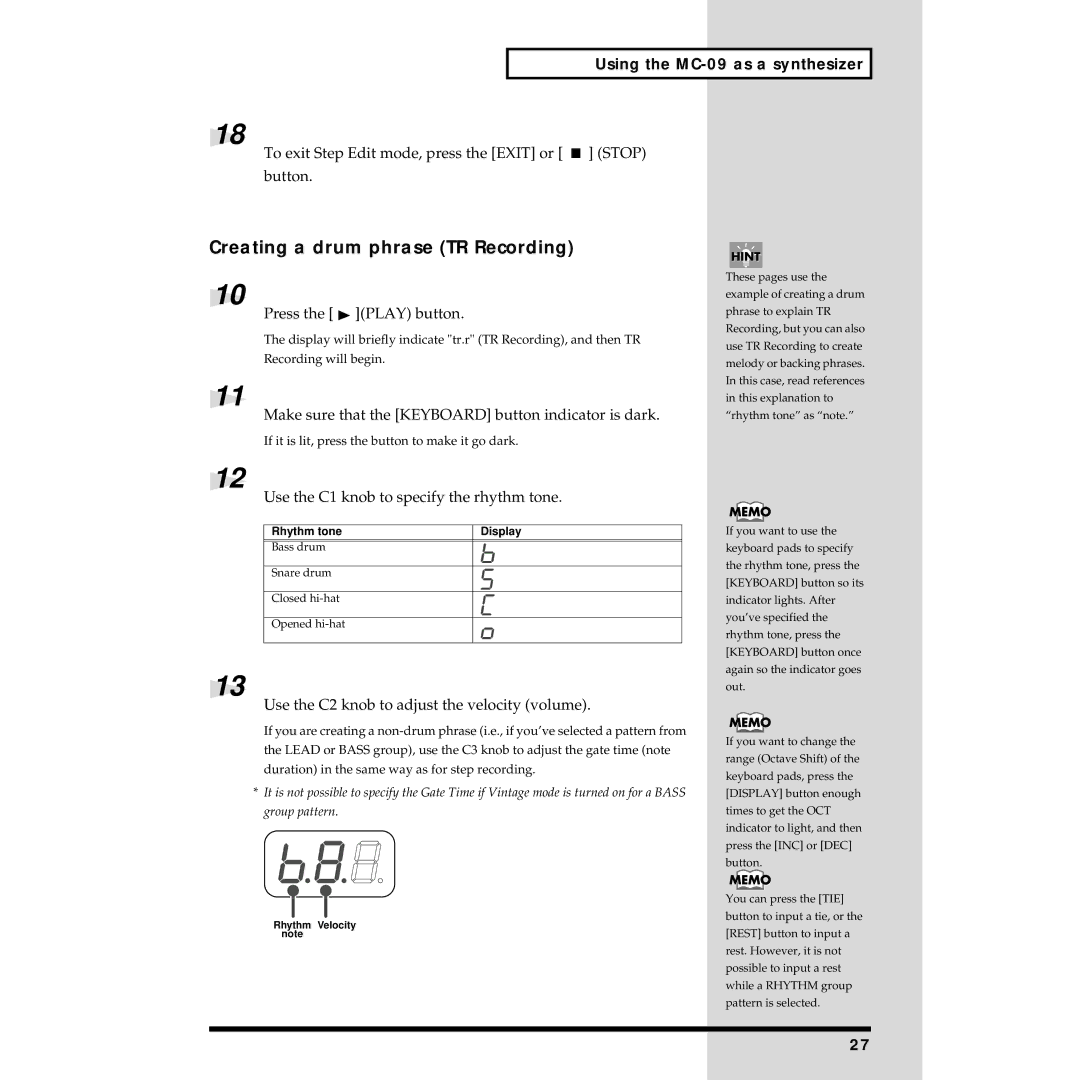 Roland MC-09 owner manual Creating a drum phrase TR Recording, To exit Step Edit mode, press the Exit or Button Stop 