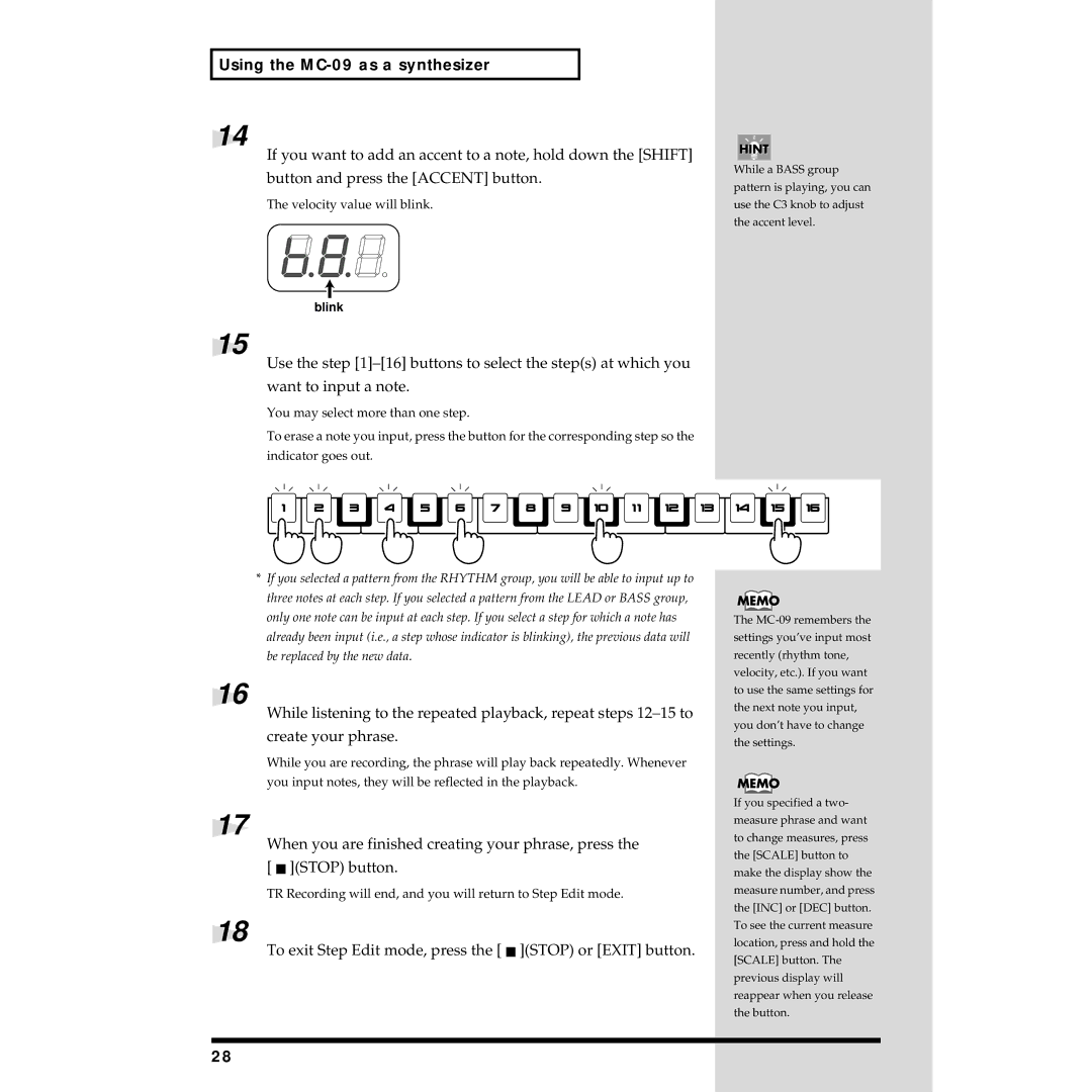 Roland MC-09 owner manual To exit Step Edit mode, press the Stop or Exit button, 8b80 