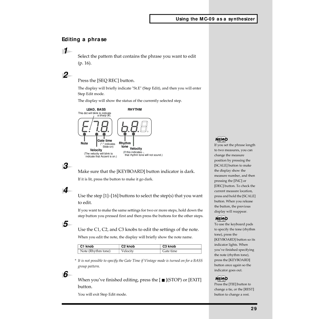 Roland MC-09 owner manual Editing a phrase, When you’ve finished editing, press the Stop or Exit button 