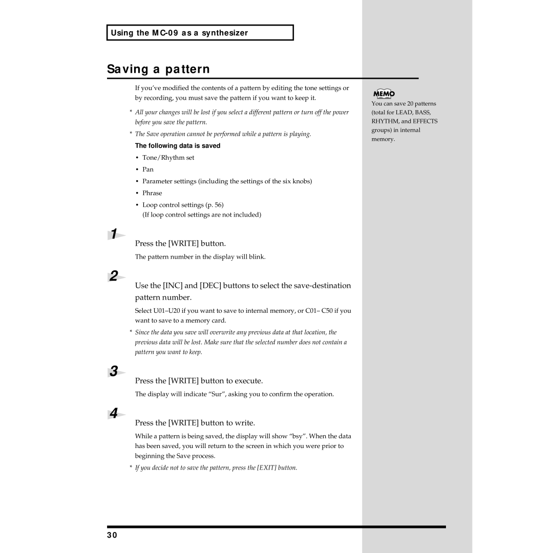 Roland MC-09 owner manual Saving a pattern, Press the Write button to execute, Press the Write button to write 