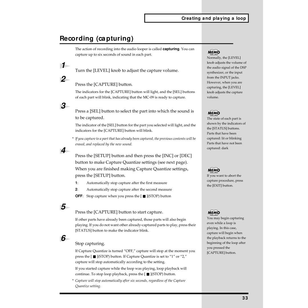 Roland MC-09 owner manual Recording capturing, Press the Capture button to start capture, Stop capturing 