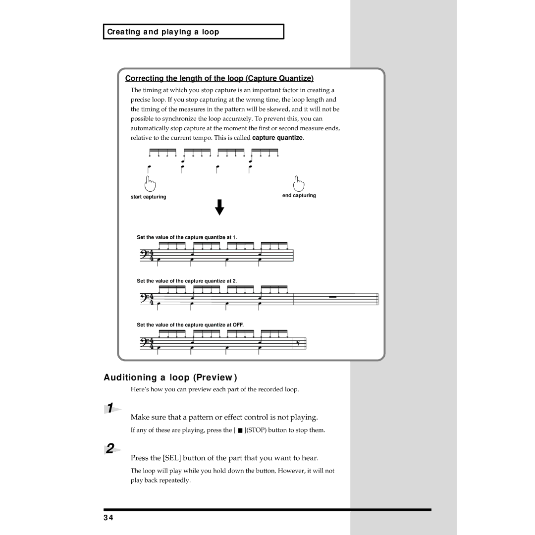 Roland MC-09 owner manual Auditioning a loop Preview, Make sure that a pattern or effect control is not playing 