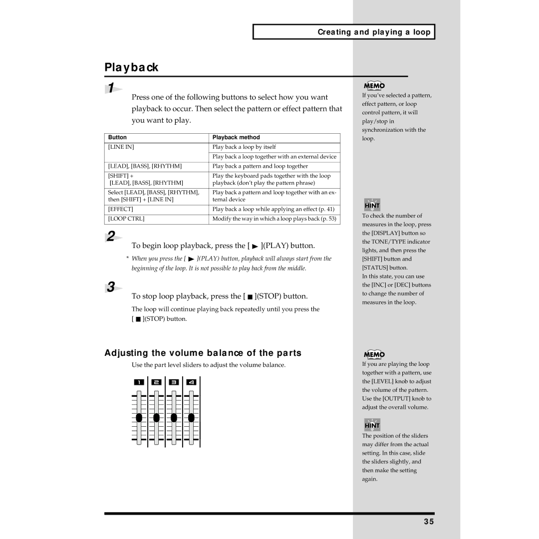 Roland MC-09 Playback, Adjusting the volume balance of the parts, To begin loop playback, press the Play button 