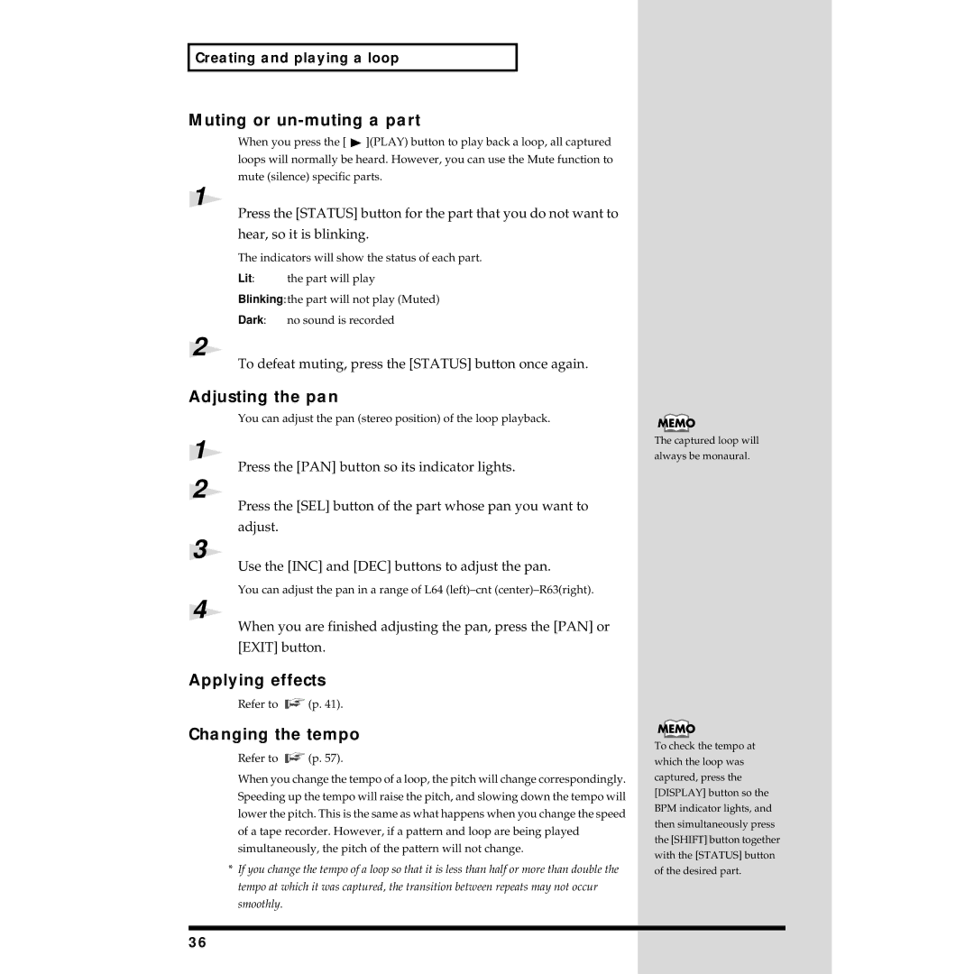 Roland MC-09 owner manual Muting or un-muting a part, Applying effects, Changing the tempo 