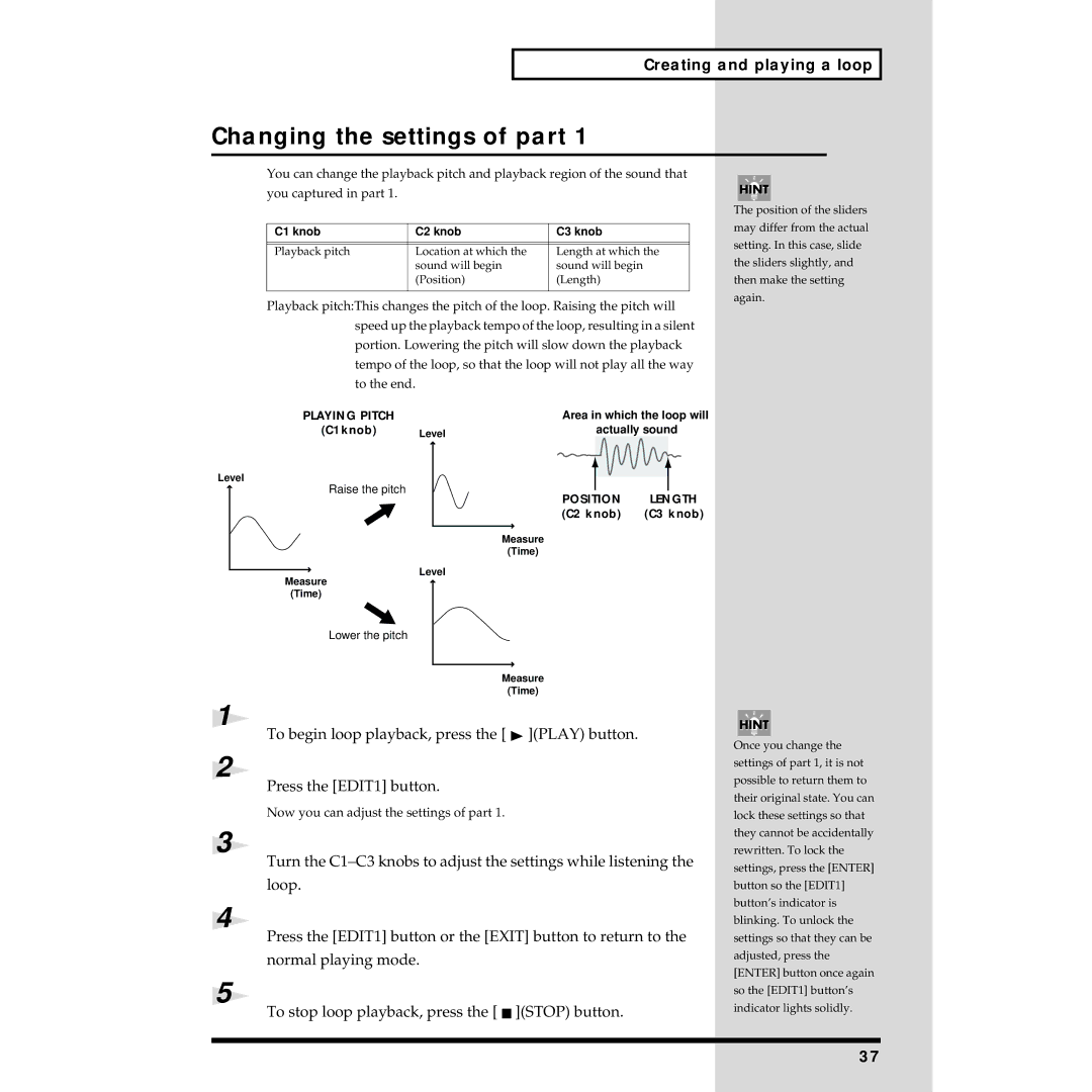 Roland MC-09 owner manual Changing the settings of part, Position Length 