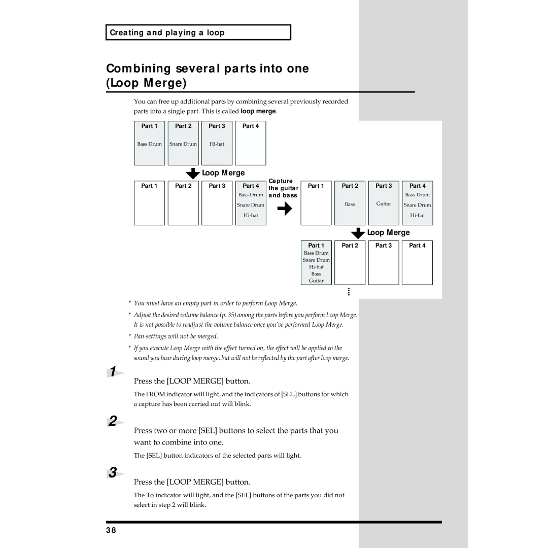 Roland MC-09 owner manual Combining several parts into one Loop Merge, Press the Loop Merge button 