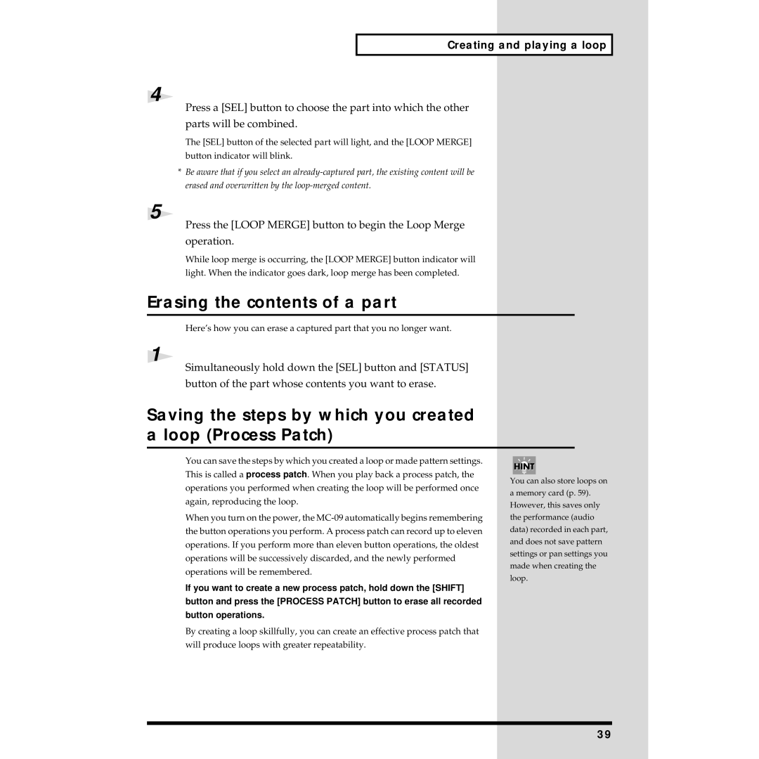 Roland MC-09 owner manual Erasing the contents of a part, Saving the steps by which you created a loop Process Patch 