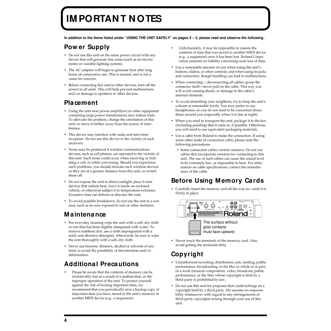 Roland MC-09 Power Supply, Placement, Maintenance, Additional Precautions, Before Using Memory Cards, Copyright 