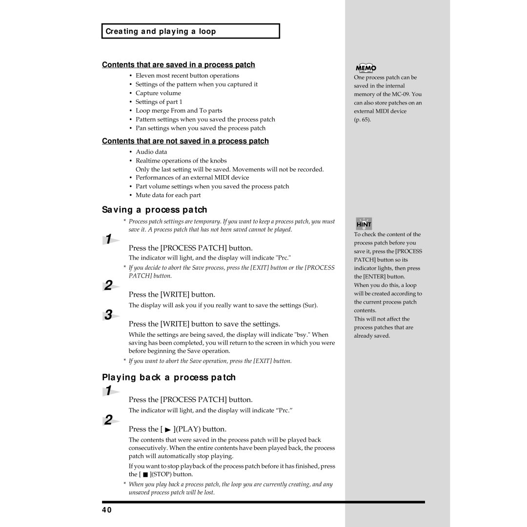 Roland MC-09 owner manual Saving a process patch, Playing back a process patch 