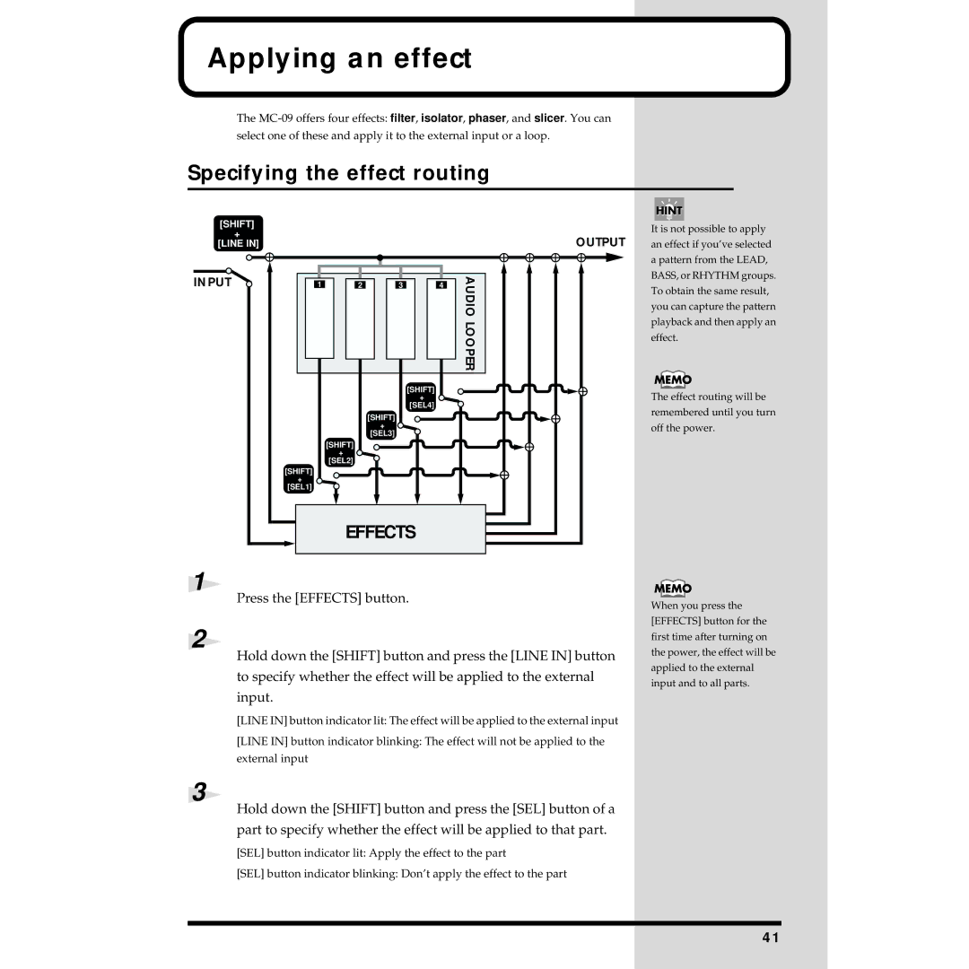 Roland MC-09 owner manual Applying an effect, Specifying the effect routing 