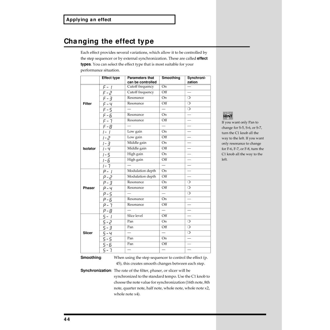 Roland MC-09 owner manual Changing the effect type 