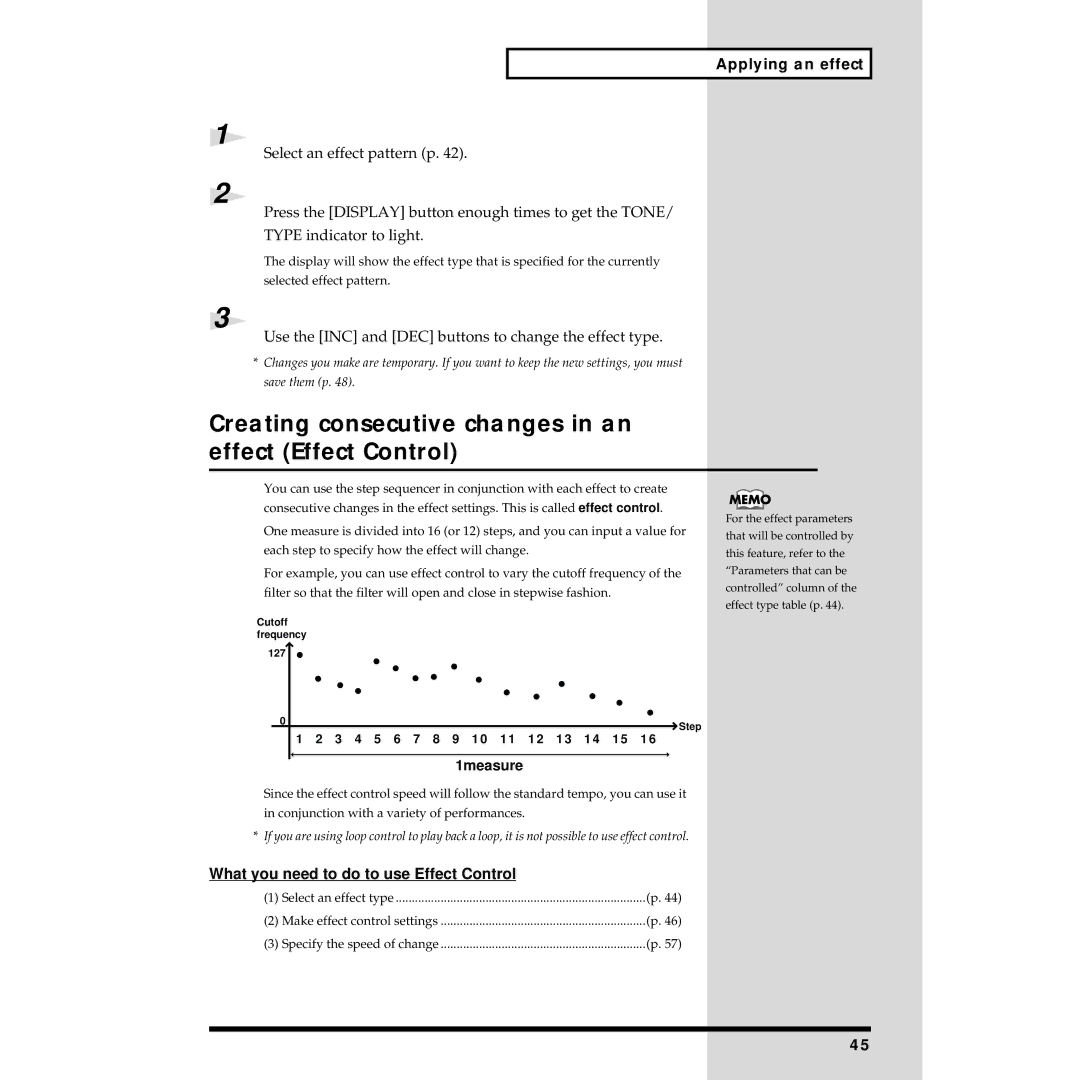 Roland MC-09 owner manual Creating consecutive changes in an effect Effect Control 