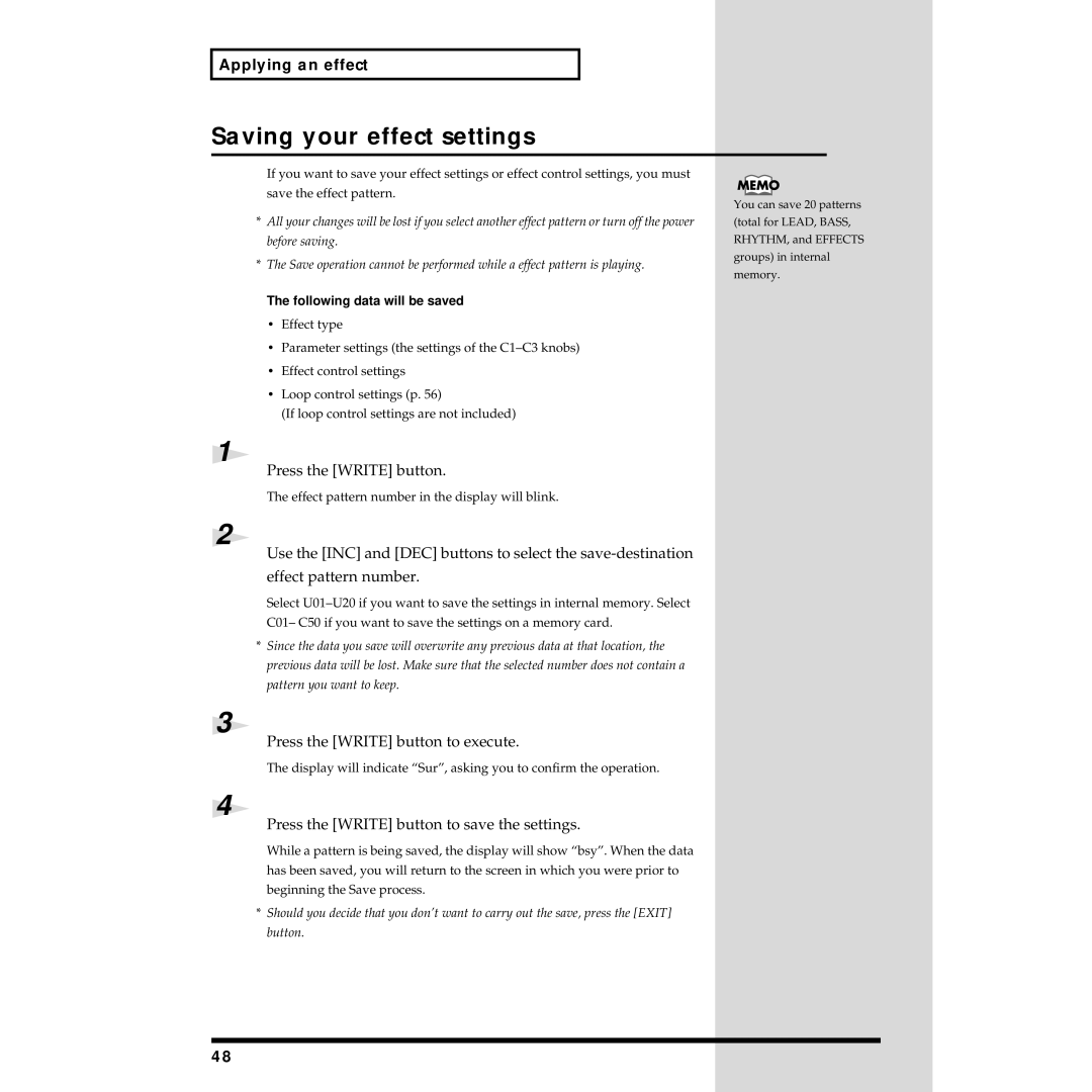 Roland MC-09 owner manual Saving your effect settings, Following data will be saved 