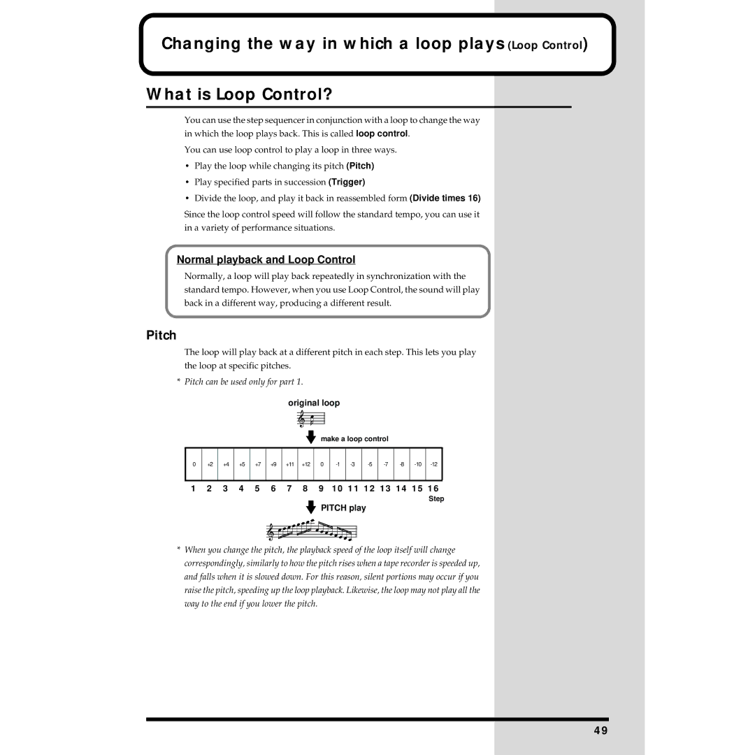 Roland MC-09 owner manual Pitch, Normal playback and Loop Control 