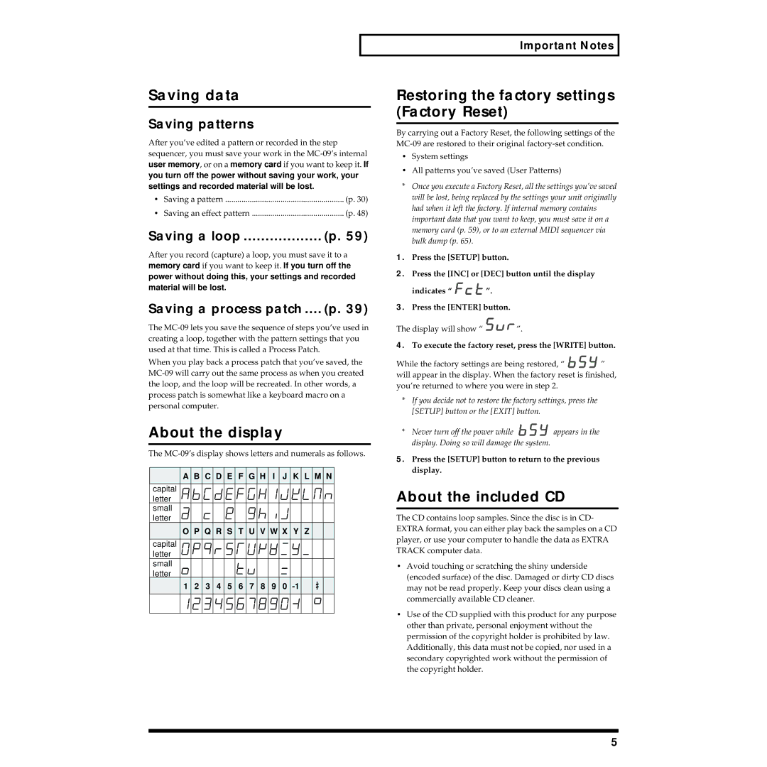 Roland MC-09 Saving data, About the display, Restoring the factory settings Factory Reset, About the included CD 