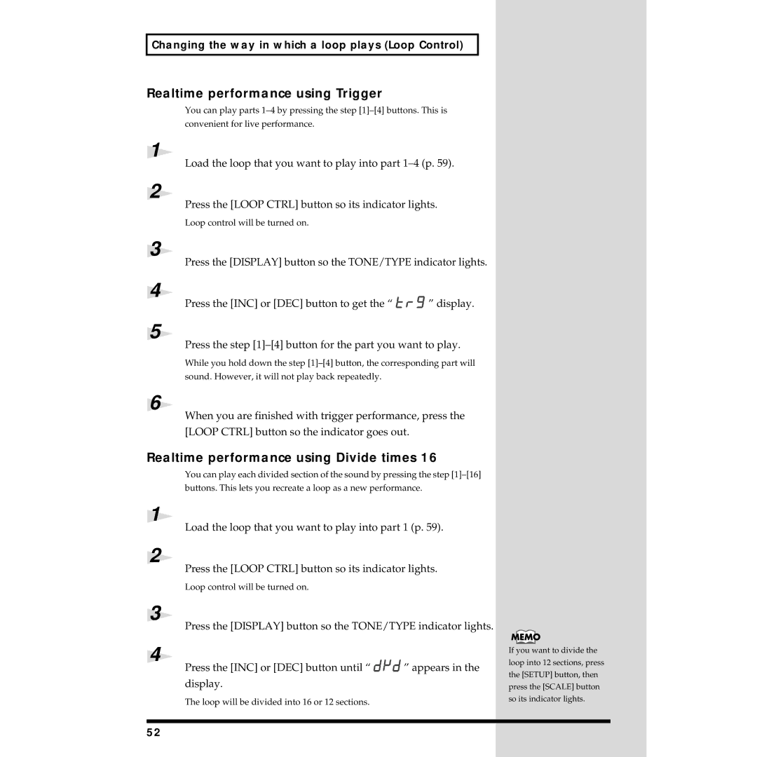 Roland MC-09 owner manual Realtime performance using Trigger, Realtime performance using Divide times 